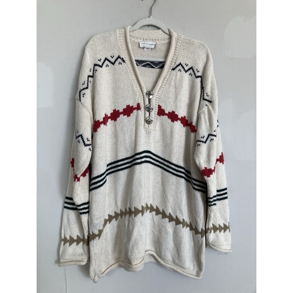 Vintage Cotton Impact Sweater LARGE Concho Buttons Stripe Southwest Western USA